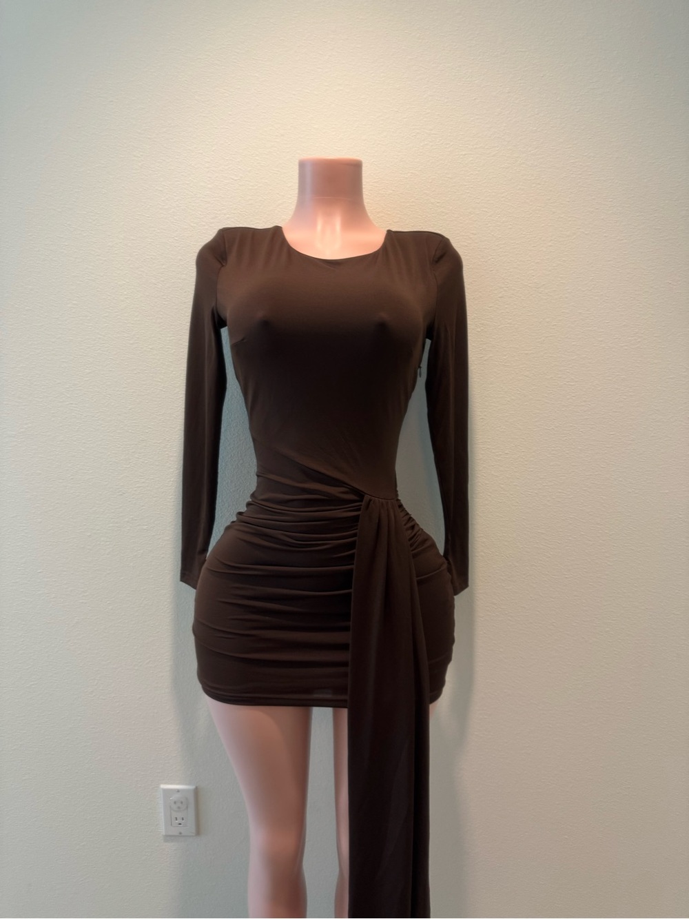 Hello Molly Chocolate Brown Long-Sleeve Ruched Midi Dress with Side Drape